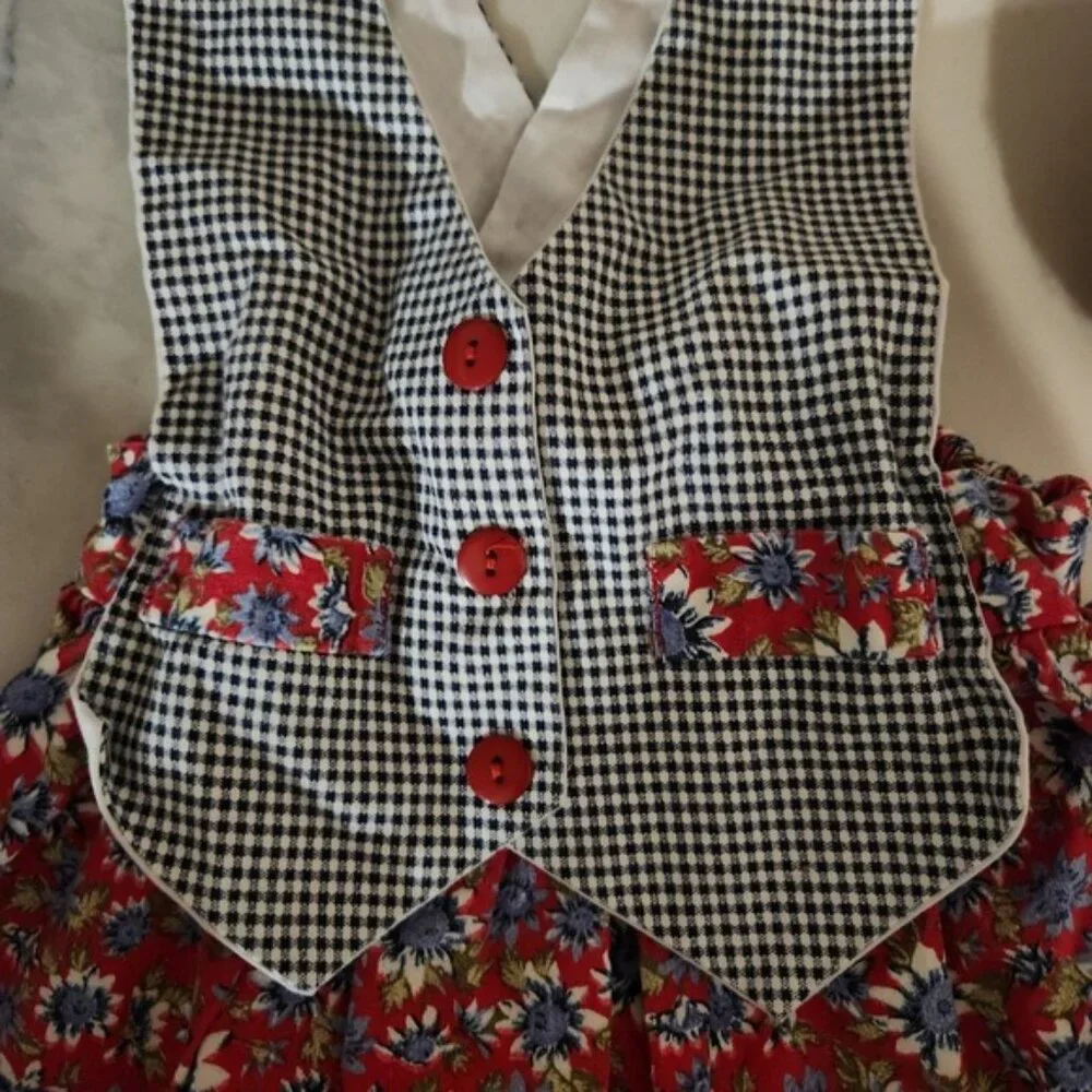 Vintage 90s‎ Jilly Kids Pinafore Dress Red Floral Gingham Mary Kate Ashley style